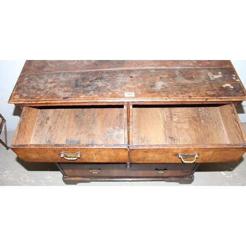 103 - An 18th century 2 over 3 chest of drawers with walnut veneer over oak carcass, panelled ends, approx... 