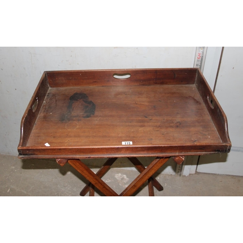 115 - Antique mahogany butler's tray on stand, approx 80cm wide