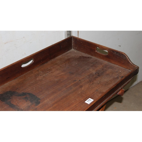 115 - Antique mahogany butler's tray on stand, approx 80cm wide