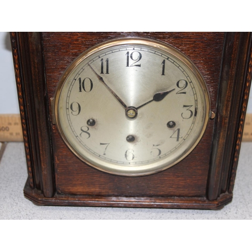 1305 - Edwardian Sheraton inlay mantle clock & a vintage oak cased mantle clock