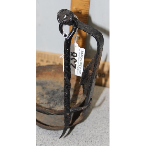 238 - An antique wrought iron 'Whale' oil lamp, with hook for suspension with a fixed tray and an adjustab... 