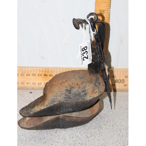 238 - An antique wrought iron 'Whale' oil lamp, with hook for suspension with a fixed tray and an adjustab... 