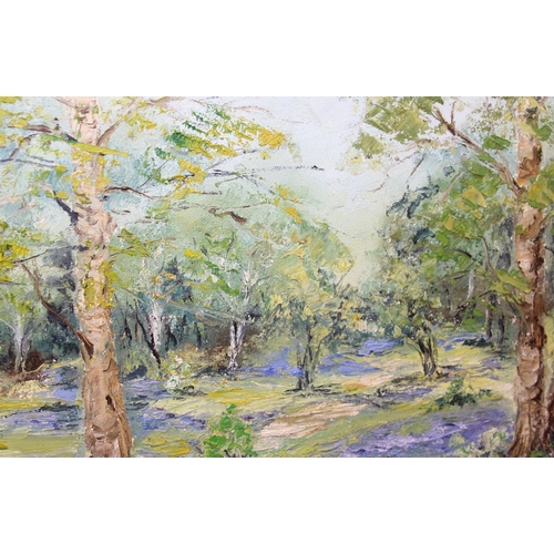 414 - Textured oil on canvas of bluebells in a forest, indistinctly signed