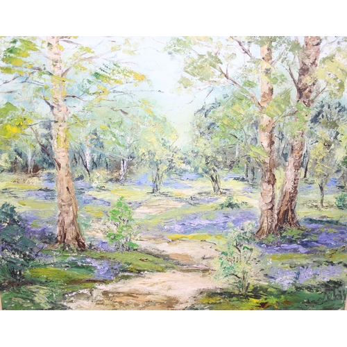 414 - Textured oil on canvas of bluebells in a forest, indistinctly signed