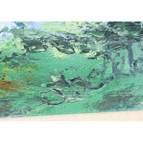 414 - Textured oil on canvas of bluebells in a forest, indistinctly signed