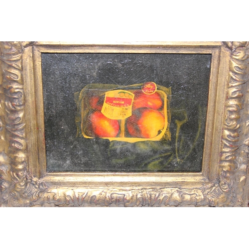 416 - 2 antique style oil on board paintings of supermarket packaged fruit, in impressive gilt frames