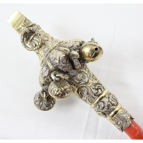 1001 - A Georgian silver gilt baby rattle with whistle, marked for London 1823 by John Reily, approx 81.02g... 