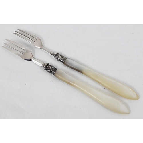 1040 - A pair of silver pickle forks with mother of pearl handles, Birmingham 1876 by John Gough, 2 silver ... 