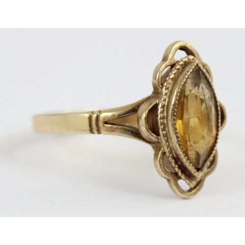 1103 - 9ct gold and citrine set ring, London 1967, approx size N, approx 2.65g gross