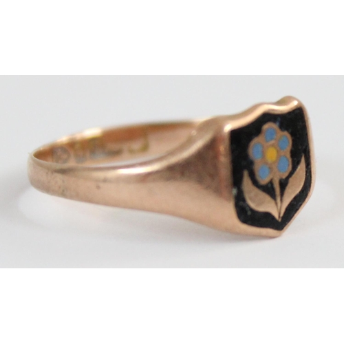 1104 - 9ct gold and enamel signet ring decorated with a flower, Chester with rubbed date letter, approx siz... 