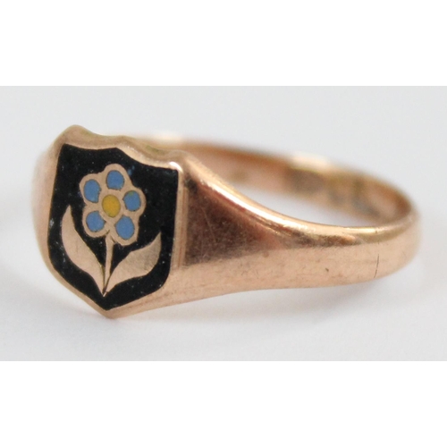 1104 - 9ct gold and enamel signet ring decorated with a flower, Chester with rubbed date letter, approx siz... 