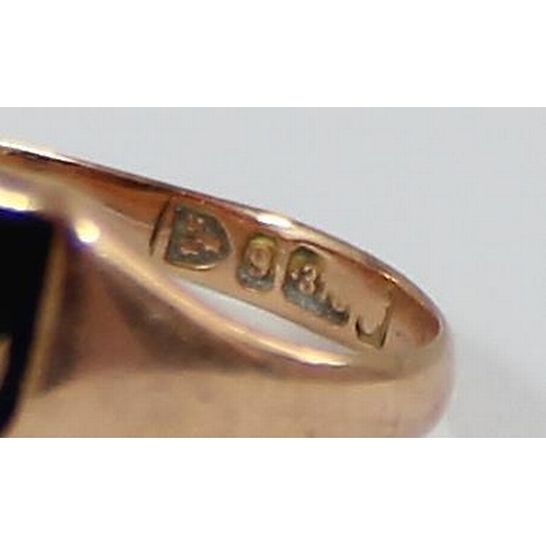 1104 - 9ct gold and enamel signet ring decorated with a flower, Chester with rubbed date letter, approx siz... 