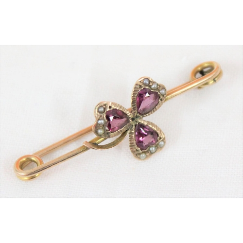 1105 - 9ct gold bar brooch formed as a shamrock and set with seed pearls and amethyst, Chester with obscure... 