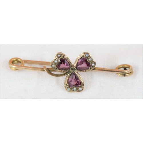 1105 - 9ct gold bar brooch formed as a shamrock and set with seed pearls and amethyst, Chester with obscure... 