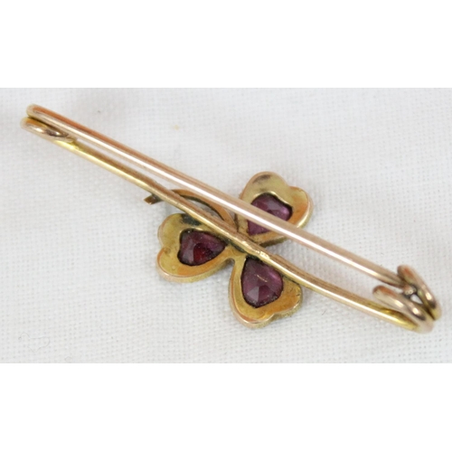 1105 - 9ct gold bar brooch formed as a shamrock and set with seed pearls and amethyst, Chester with obscure... 