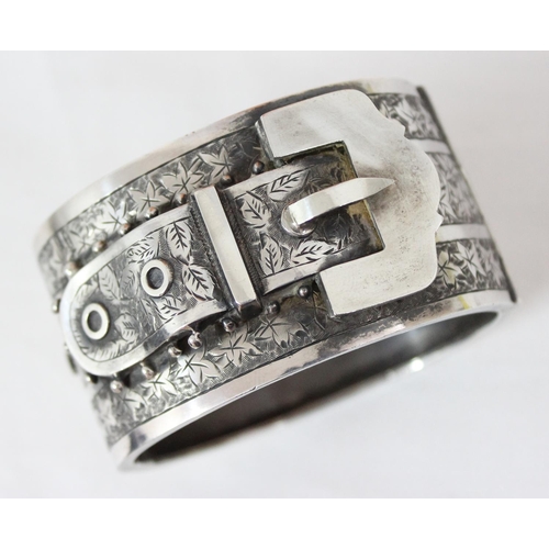 1107 - Silver cuff bangle, Birmingham 1884 by Haseler Brothers, approx 54.73g gross, approx 38mm wide