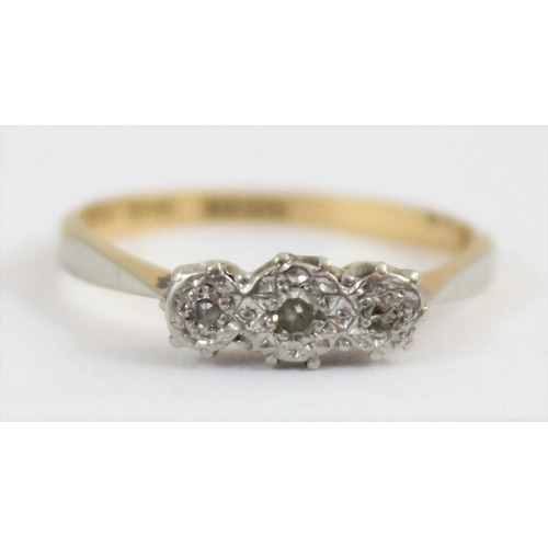 1123 - 18ct gold 3 stone diamond ring in platinum setting, approx size L, approx 1.96g gross