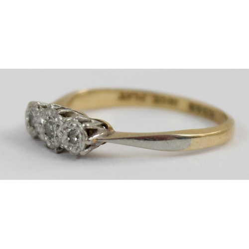 1123 - 18ct gold 3 stone diamond ring in platinum setting, approx size L, approx 1.96g gross