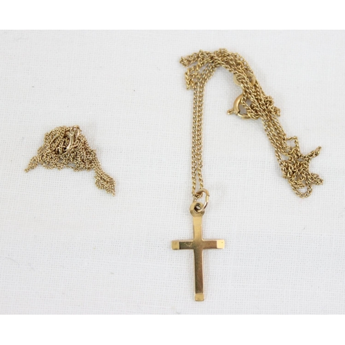 1130 - 9ct gold crucifix on 9ct gold chain, approx 40cm long, and another 9ct gold chain, both approx 2.43g... 