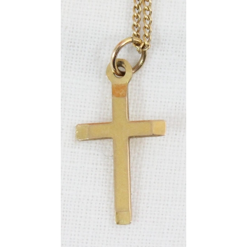 1130 - 9ct gold crucifix on 9ct gold chain, approx 40cm long, and another 9ct gold chain, both approx 2.43g... 