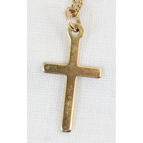 1130 - 9ct gold crucifix on 9ct gold chain, approx 40cm long, and another 9ct gold chain, both approx 2.43g... 