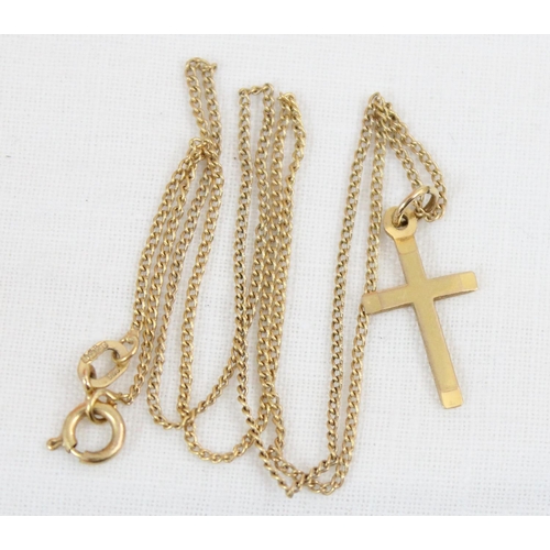 1130 - 9ct gold crucifix on 9ct gold chain, approx 40cm long, and another 9ct gold chain, both approx 2.43g... 