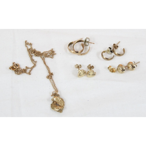 1151 - 9ct gold necklace and fish pendant and 4 pairs of 9ct gold earrings, all XRF tested, approx 4.92g gr... 