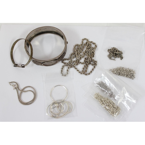 1154 - Qty of assorted silver necklaces, silver cuff bangle and a christening bangle, all XRF tested, appro... 