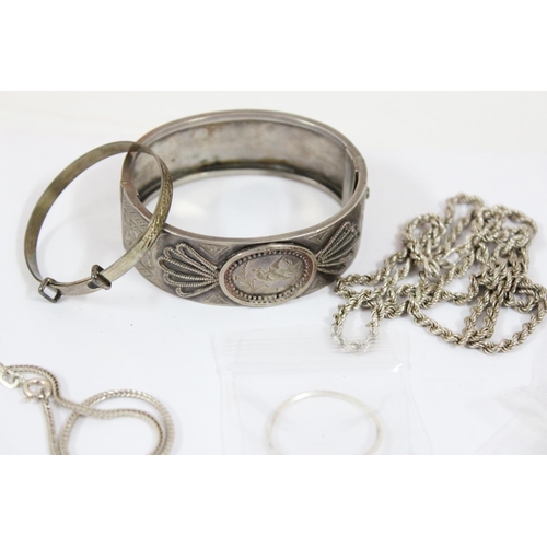 1154 - Qty of assorted silver necklaces, silver cuff bangle and a christening bangle, all XRF tested, appro... 