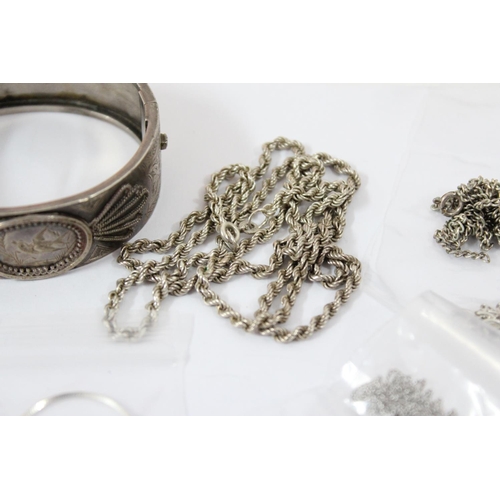 1154 - Qty of assorted silver necklaces, silver cuff bangle and a christening bangle, all XRF tested, appro... 