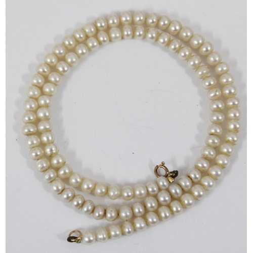 1159 - A 9t gold mounted pearl necklace, approx 41cm long, the clasp unmarked but XRF tested and a silver m... 