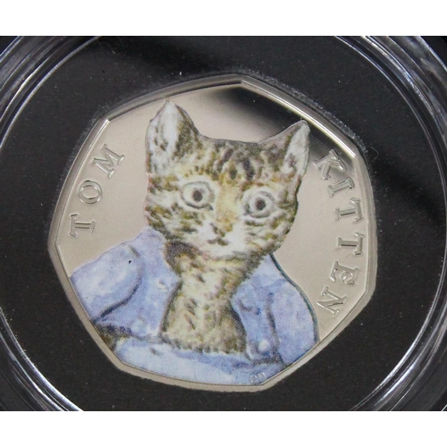 1202 - 2017 Royal Mint, 3 Beatrix Potter silver proof 50p coins, Tom Kitten UK17TKRM, Jeremy Fisher UK17JFR... 