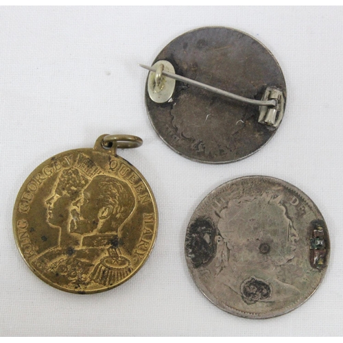 1204 - 2 enamelled and brooched silver half crown coins 1816 George III & 1820 George IV & a George V coron... 