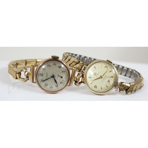 1301 - 2 9ct gold cased watches, H Stone of Leeds and Cyma, both on gold plated straps, approx 37.67g gross