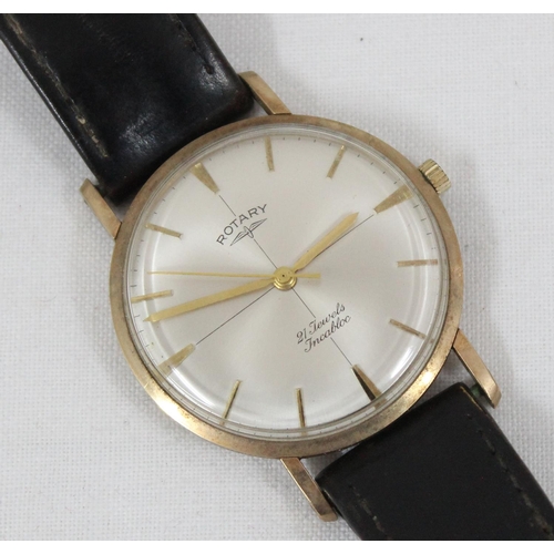 1308 - 9ct gold cased gents Rotary watch with leather strap, 21 jewels movement, back not removed but XRF t... 