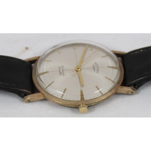 1308 - 9ct gold cased gents Rotary watch with leather strap, 21 jewels movement, back not removed but XRF t... 