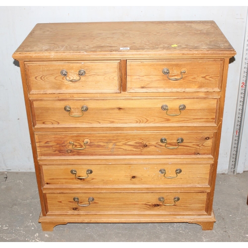 155 - A vintage pine 2/4 chest of drawers with brass handles and bracket feet, approx 92cm wide