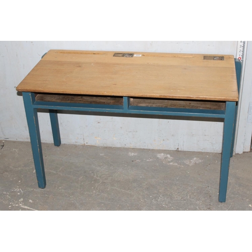 157 - A vintage wooden double school desk with painted base, approx 102cm wide