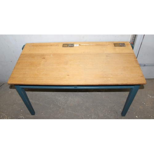 157 - A vintage wooden double school desk with painted base, approx 102cm wide