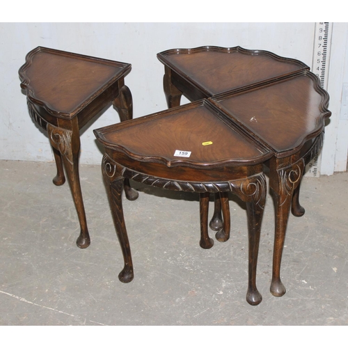 159 - An unusual set of 4 Art Deco period pie crust edge tables, each one a quarter making up a full circl... 