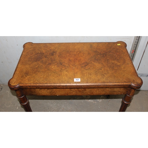 161 - A 19th century burr walnut card table with baize lined interior, concertina mechanism, unnamed but o... 