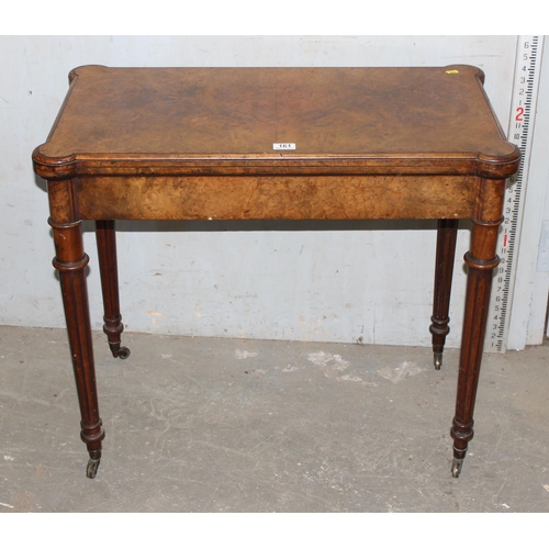 161 - A 19th century burr walnut card table with baize lined interior, concertina mechanism, unnamed but o... 