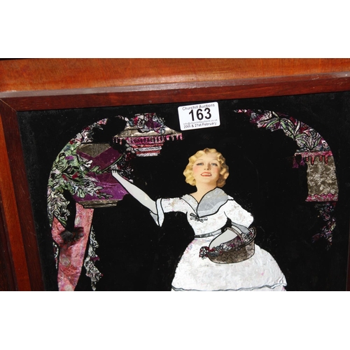 163 - An Art Deco period wooden framed fire screen with foil backed glass panel depicting a crinoline lady... 