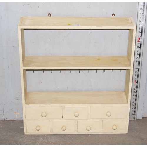 124 - Vintage painted pine wall-mountable bookshelf over 6 drawers