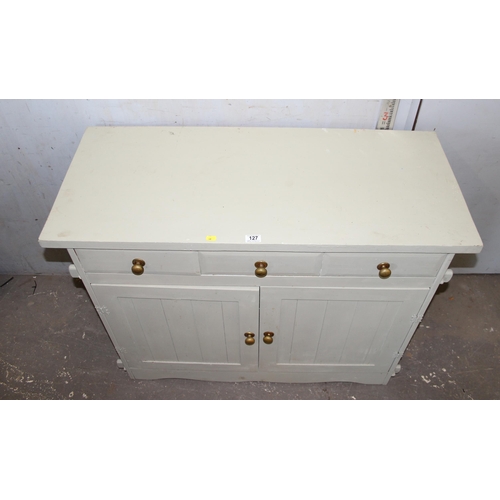 127 - Grey painted kitchen sideboard with 3 drawers over double cupboard