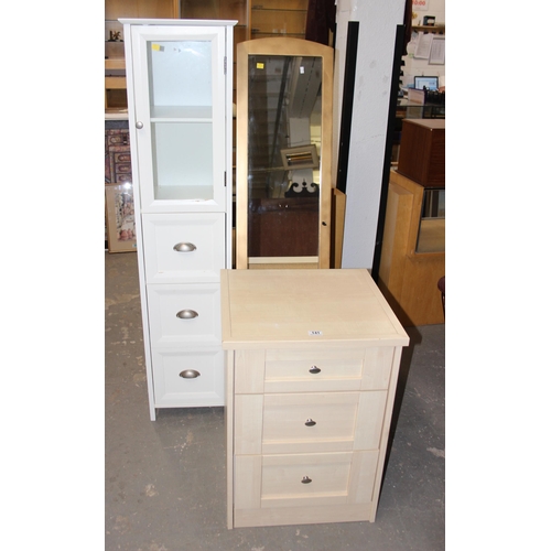 141 - Lightwood 3-drawer bedside chest of drawers, tall freestanding unit with glazed door and drawers, an... 