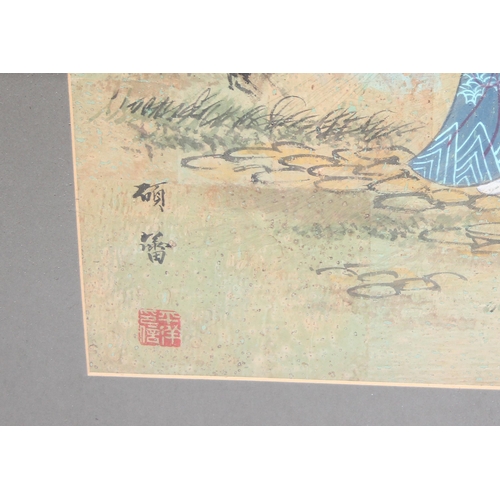 425 - A large Oriental watercolour of male and female figures, signed lower left