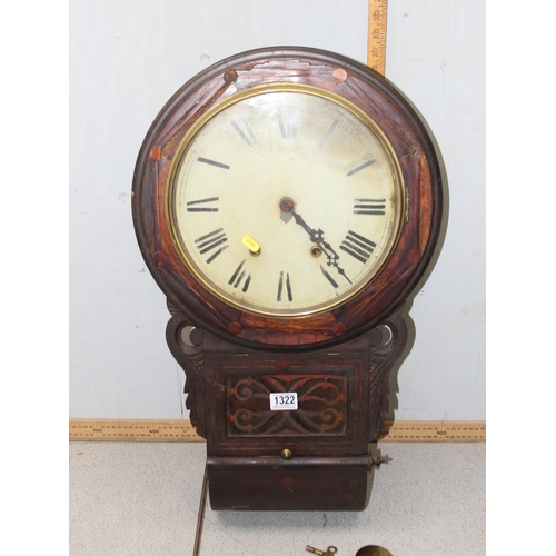 1322 - 19th century dropdial wallclock with mechanical movement, pendulum & key present