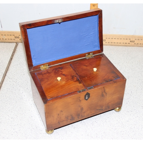 298 - An early 19th century yew wood tea caddy with 2 compartments, approx 20cm wide and a 20th century bu... 