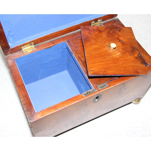 298 - An early 19th century yew wood tea caddy with 2 compartments, approx 20cm wide and a 20th century bu... 